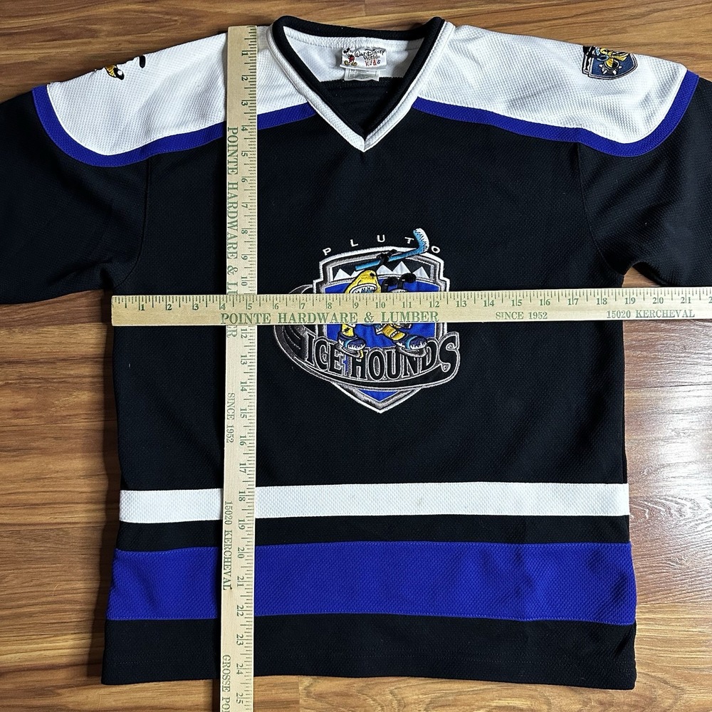 Vintage Y2K Disney World Pluto Ice Hounds Hockey Jersey Kids XL Black Blue K9 - Picture 3 of 9